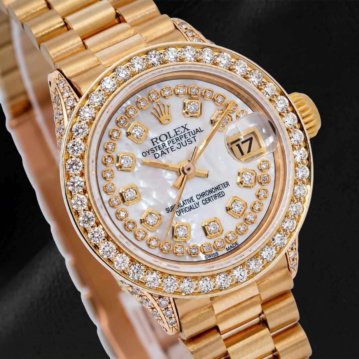 Rolex Datejust 69178 26mm White Mother of Pearl String Diamond Dial Yellow Gold President Bracelet Watch