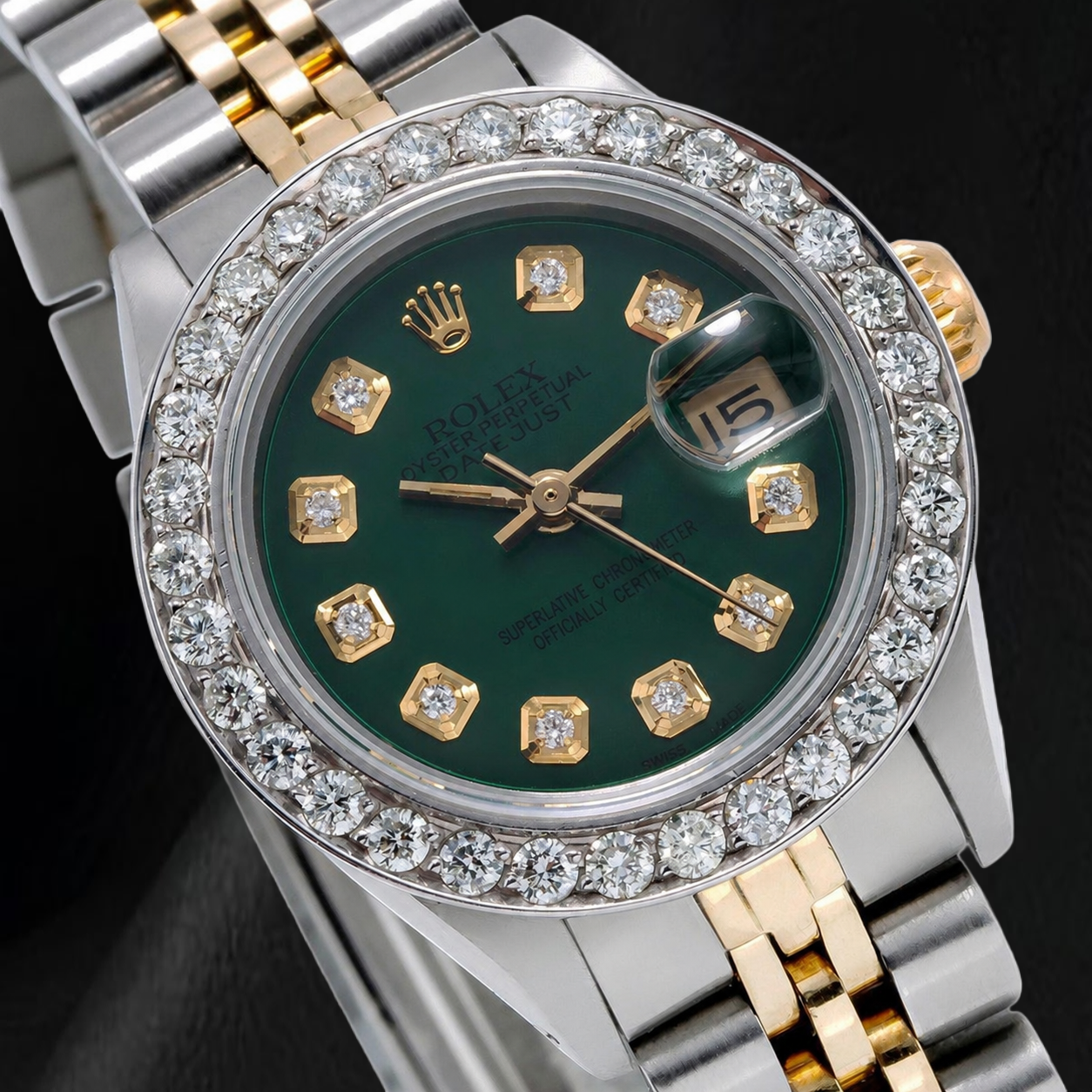 Rolex Datejust 6917 26mm Green Diamond Dial Stainless Steel Diamond Bezel Two Tone Watch