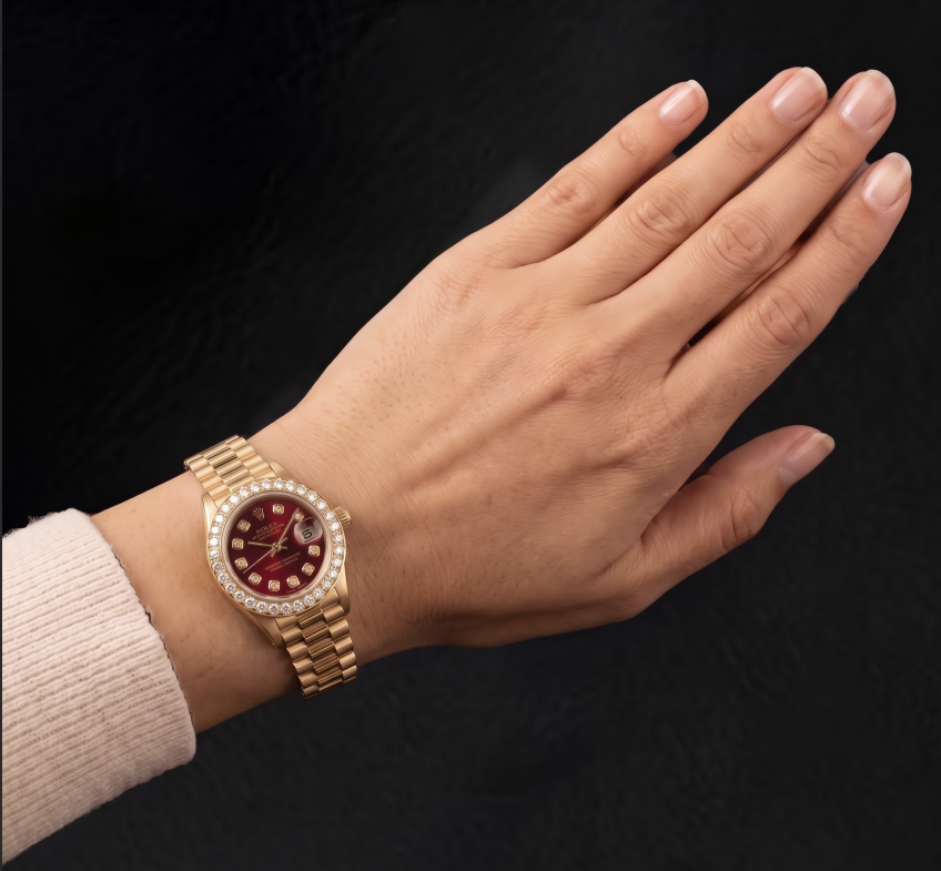 Rolex Datejust 6917 26mm Red Diamond Dial Yellow Gold President Bracelet Watch