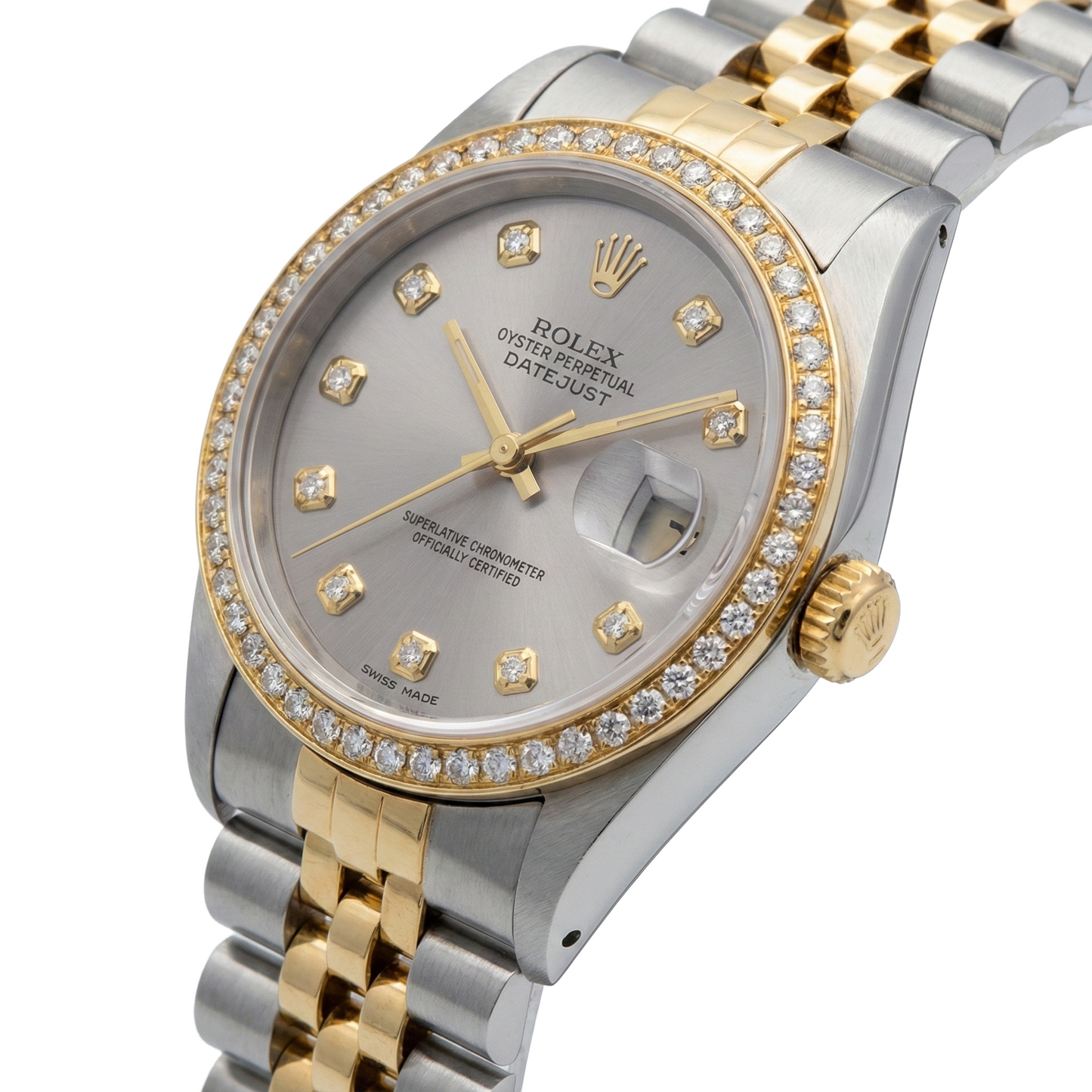 Rolex Datejust Midsize 31 Mm White Mother of Pearl Diamond Dial Diamond Bezel Jubilee Bracelet Watch Ss & Gold