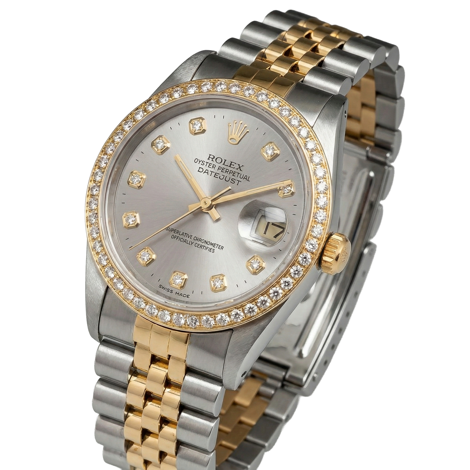 Rolex Datejust Midsize 31 Mm White Mother of Pearl Diamond Dial Diamond Bezel Jubilee Bracelet Watch Ss & Gold