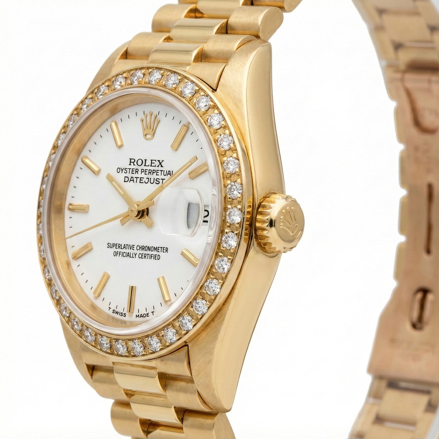 Rolex Datejust Watch Yellow Gold Bracelet Stick Dial Diamond Bezel
