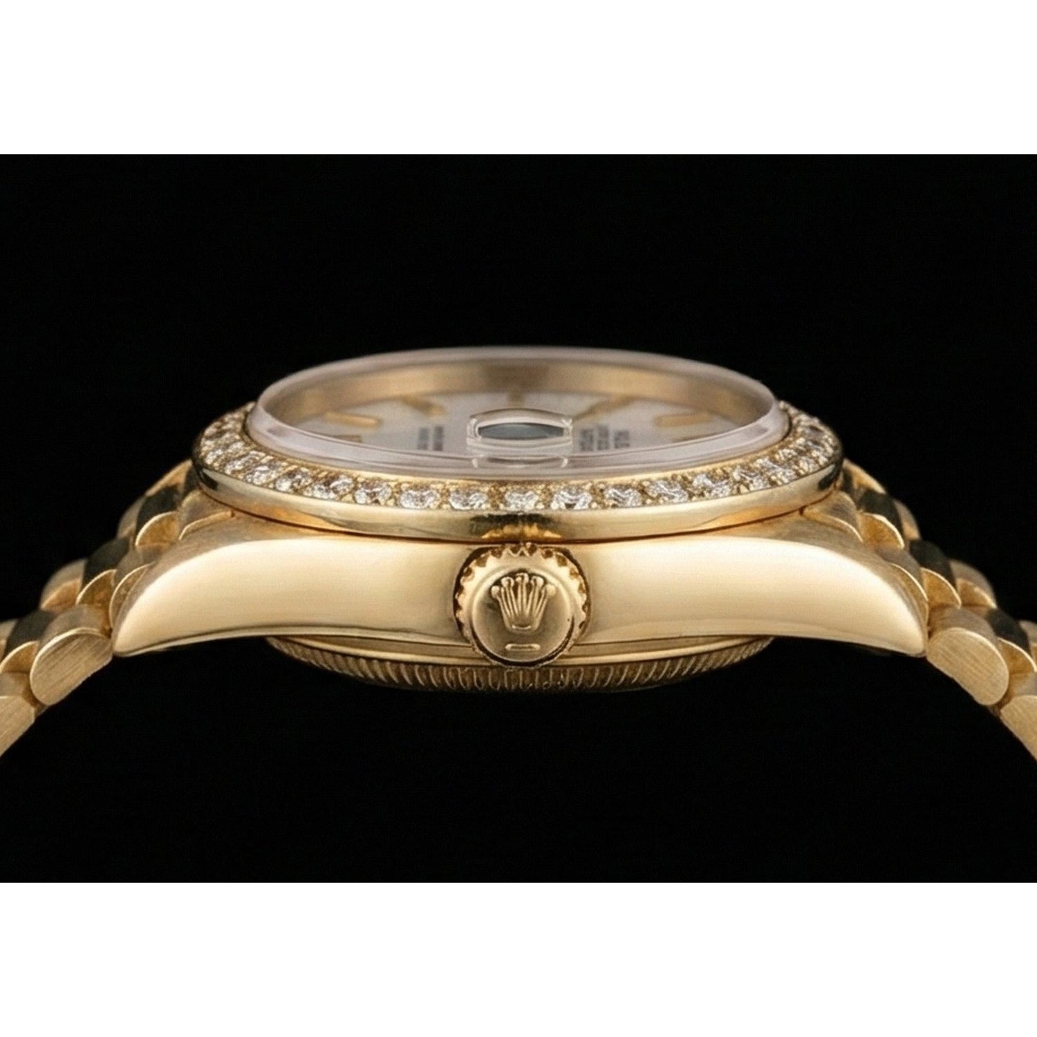 Rolex Datejust Watch Yellow Gold Bracelet Stick Dial Diamond Bezel