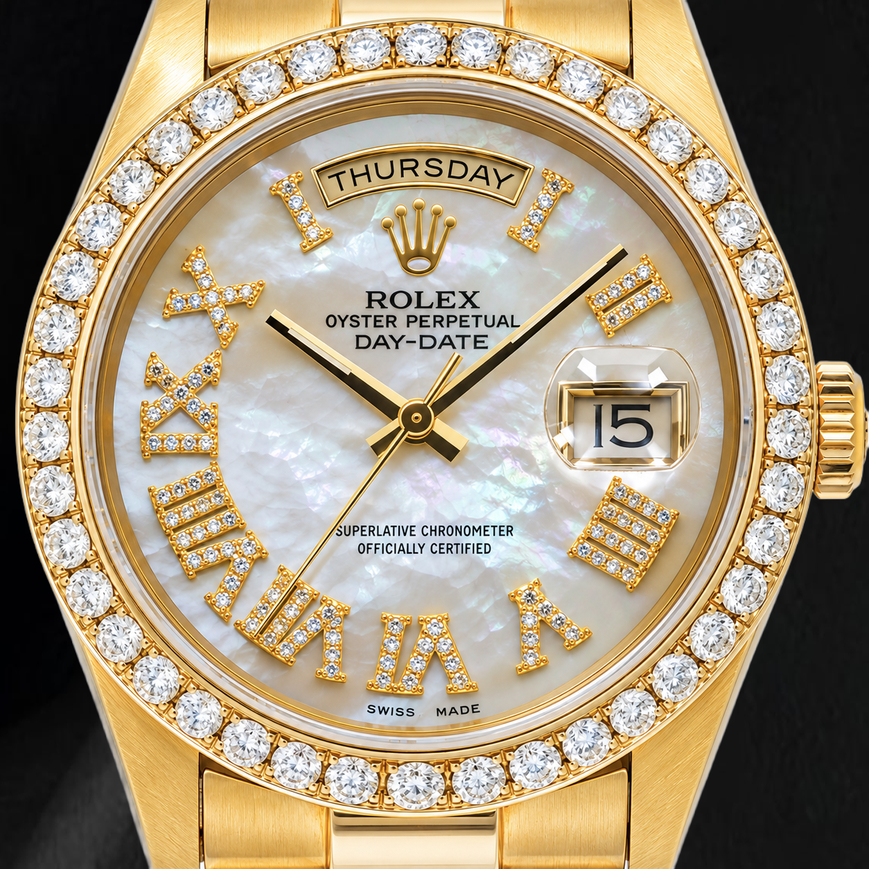 Rolex Day-Date 18238 36mm White Mother of Pearl Roman Diamond Dial Yellow Gold Watch