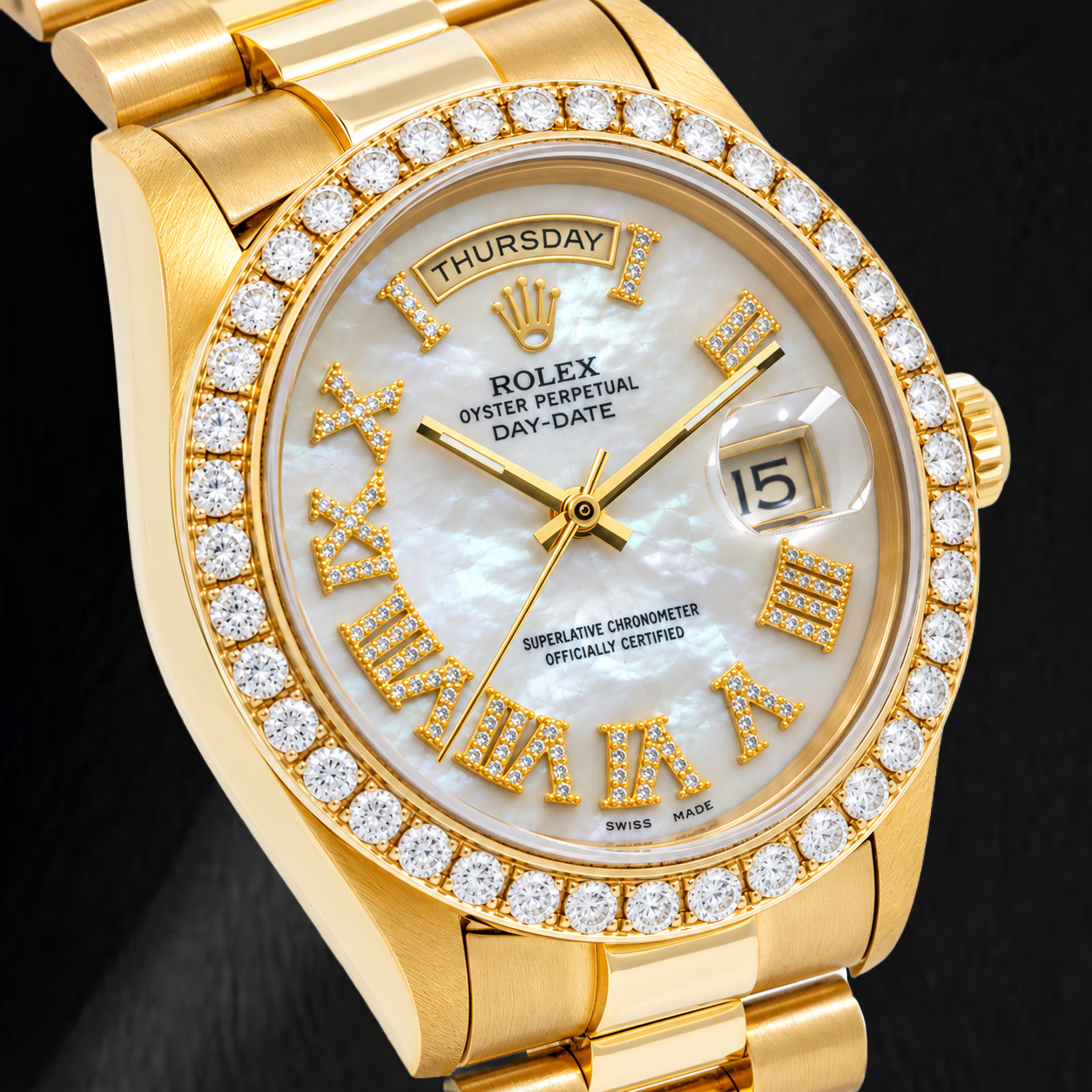 Rolex Day-Date 18238 36mm White Mother of Pearl Roman Diamond Dial Yellow Gold Watch