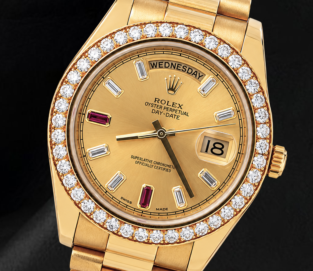 Rolex Day Date II  218348 41mm Champagne Baguette Diamond Dial Yellow Gold Watch 18K