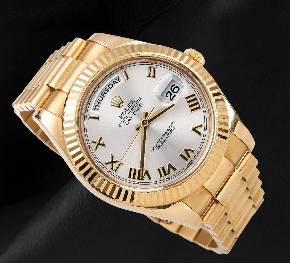 Rolex Day Date II 41mm 218238 Silver Roman Dial  President Bracelet Yellow Gold Watch