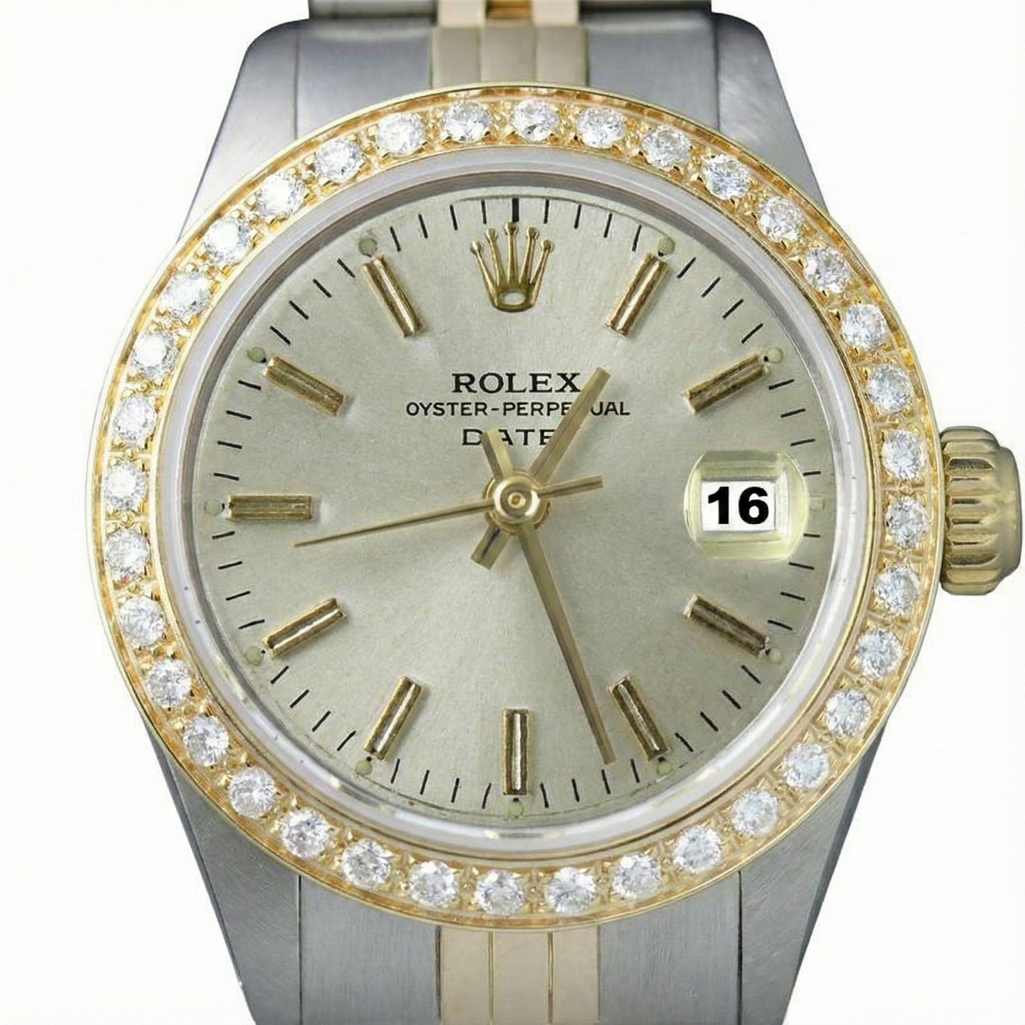 Rolex Diamond Bezel White Stick Dial Watch Ss G Jubilee Bracelet
