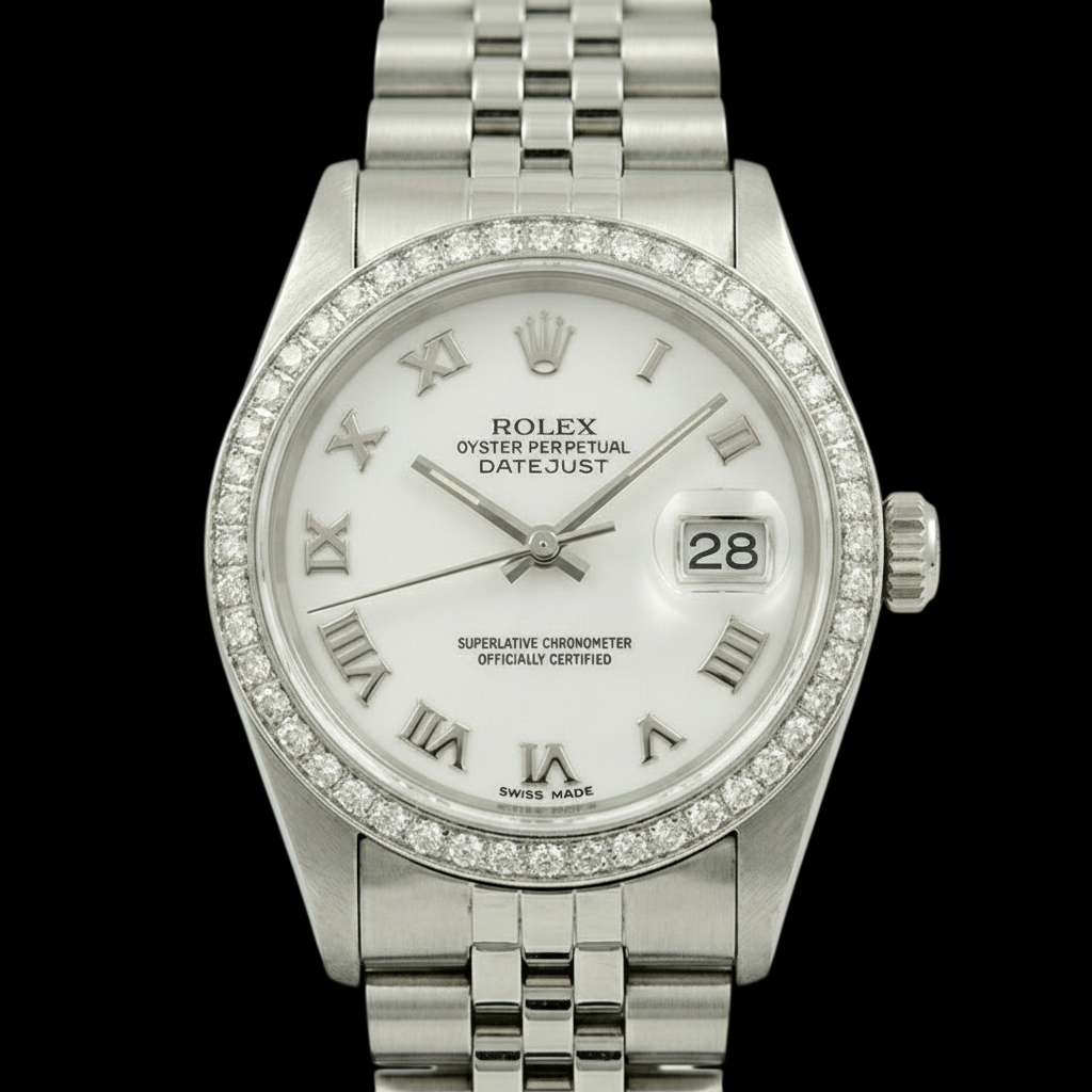 Rolex Dj White Mop Roman Dial Diamond Bezel Ss Jubilee Bracelet QUICK SET