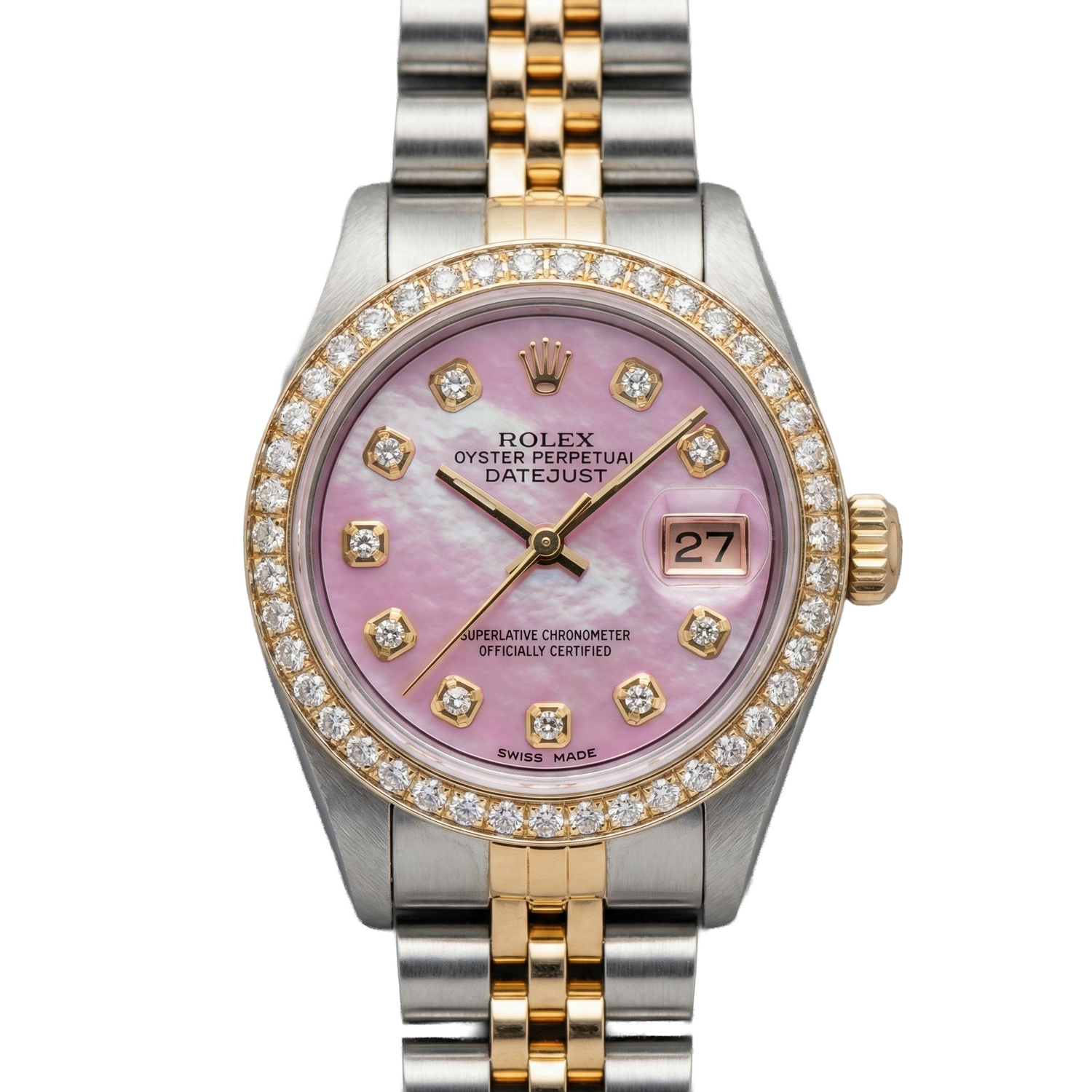 Rolex Ladies 18K Yellow Gold Pink Dial set Diamond Watch