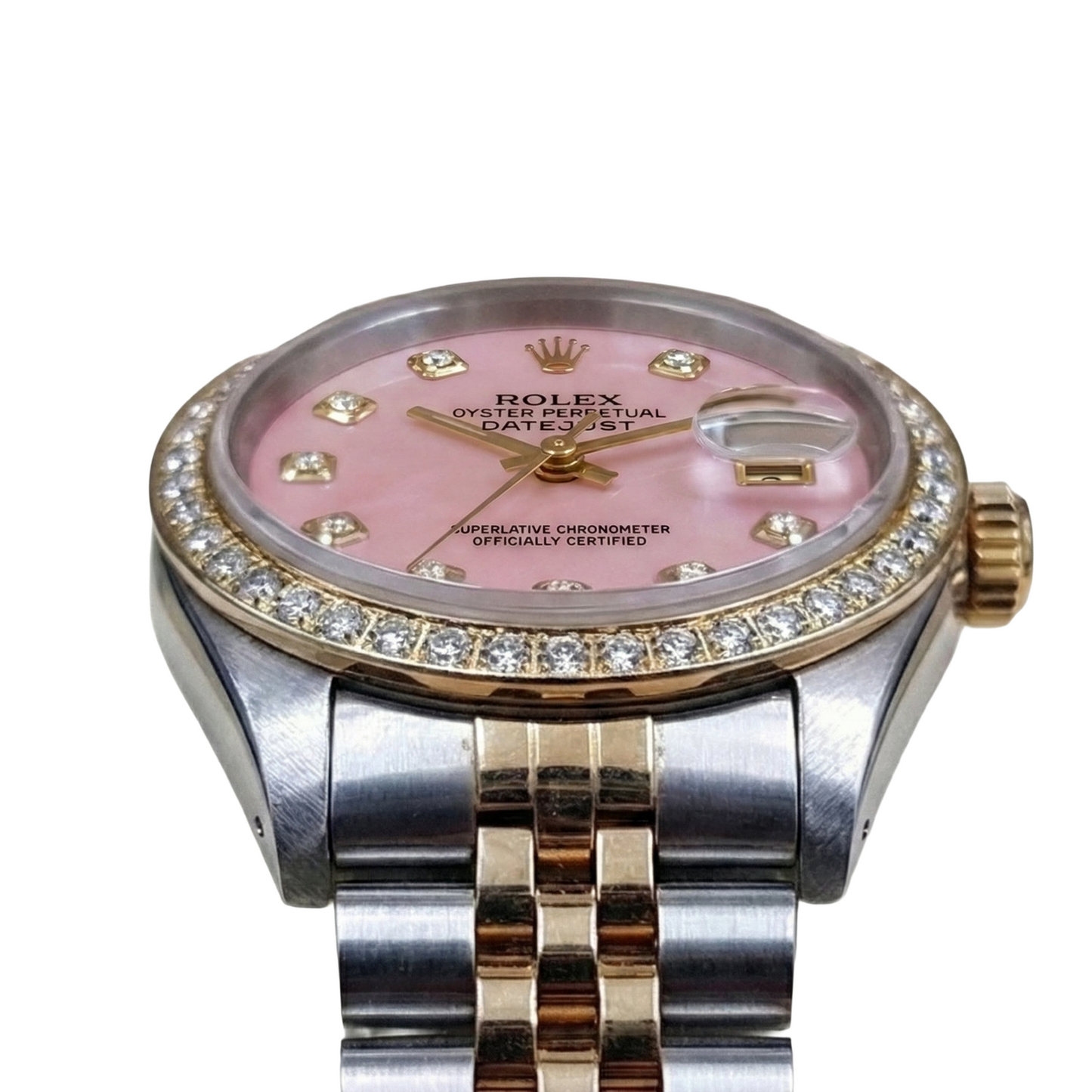 Rolex Ladies 18K Yellow Gold Pink Dial set Diamond Watch