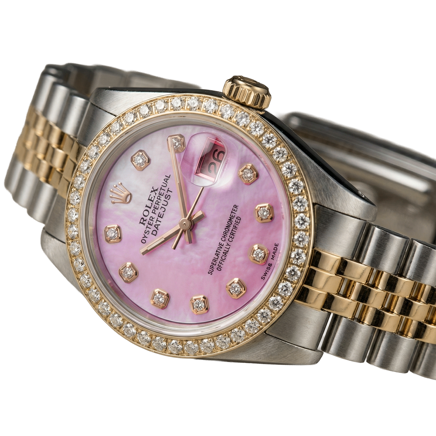 Rolex Ladies 18K Yellow Gold Pink Dial set Diamond Watch