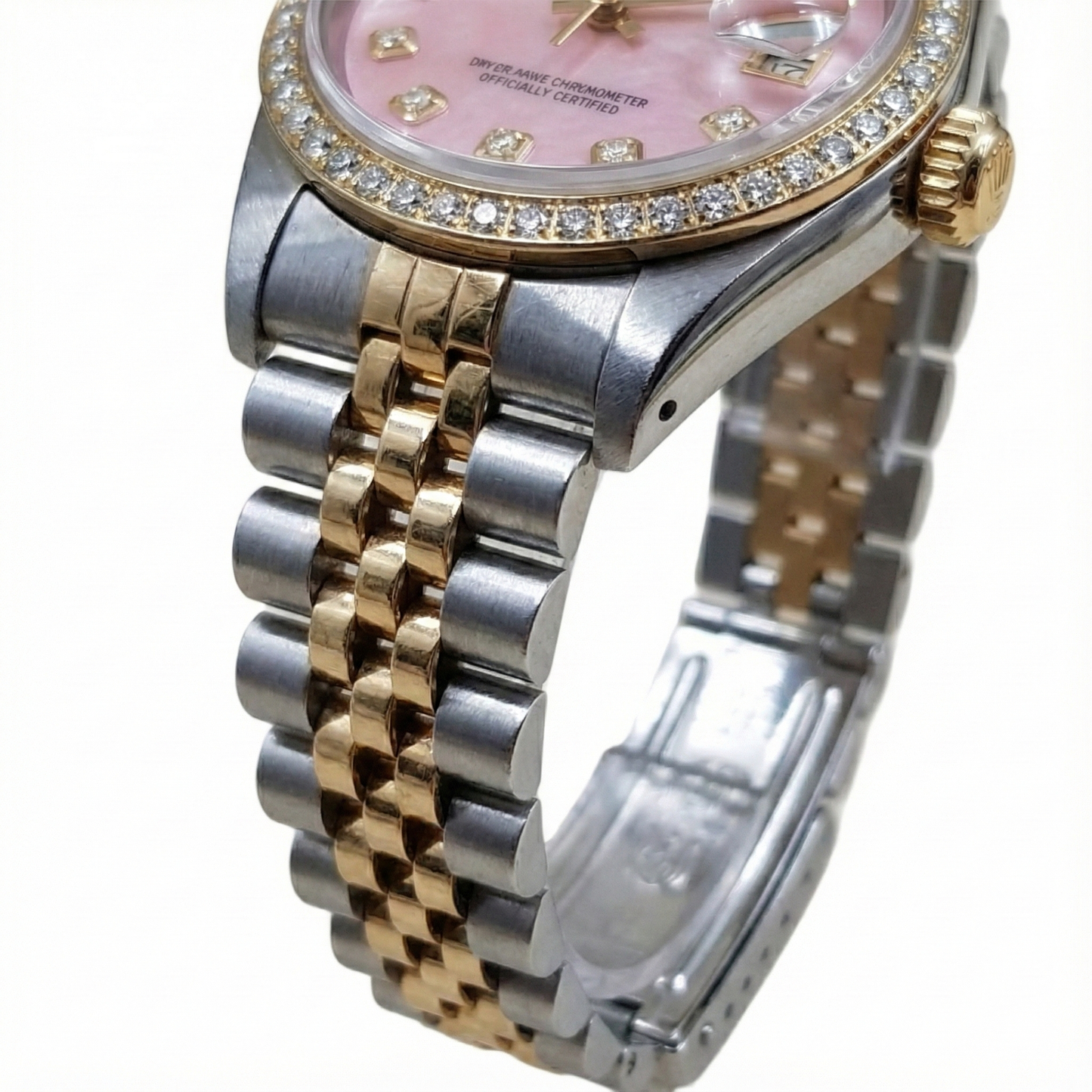 Rolex Ladies 18K Yellow Gold Pink Dial set Diamond Watch