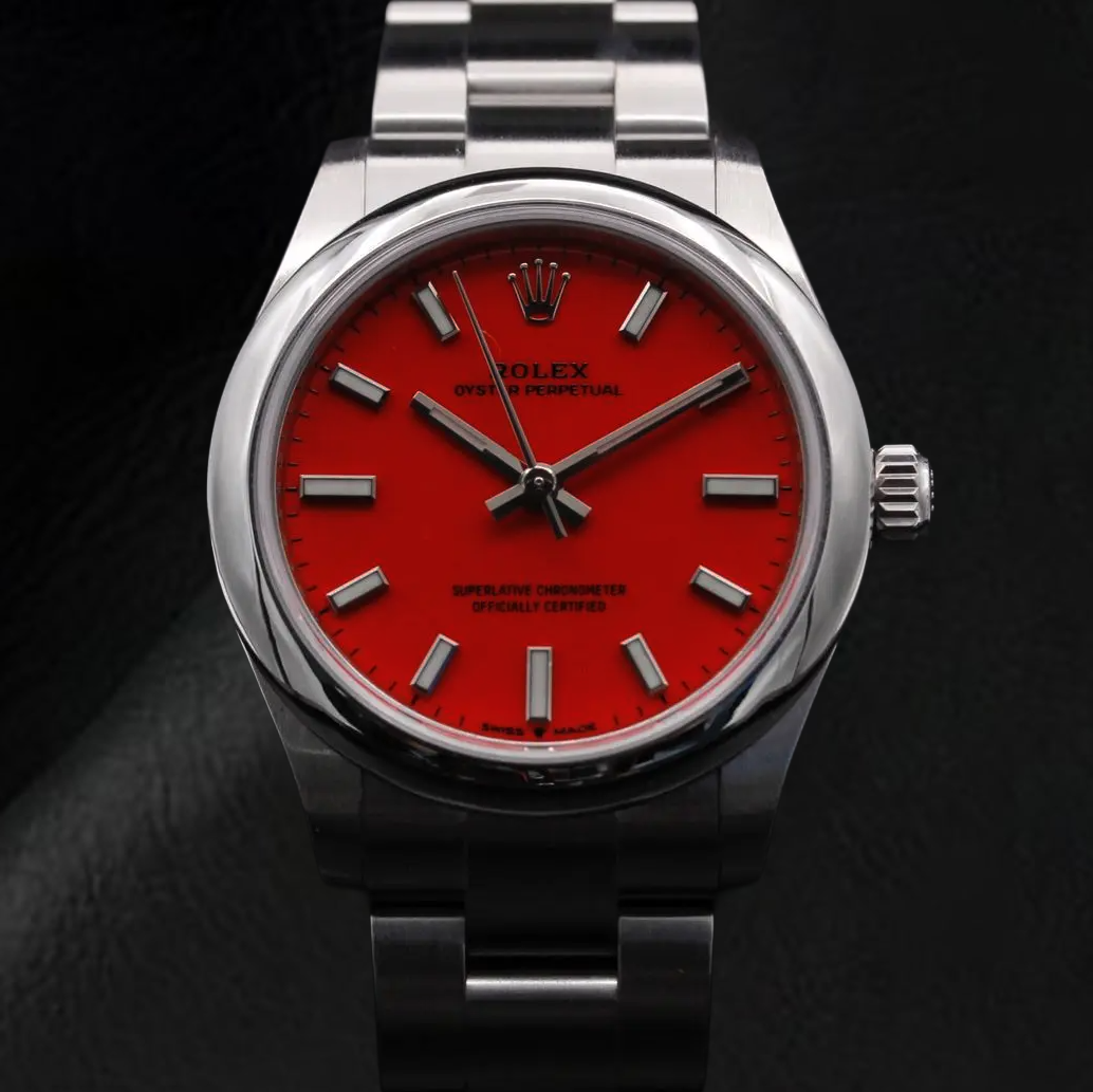 Rolex Lady Oyster Perpetual 31mm Coral Red Luminous Dial Steel Watch
