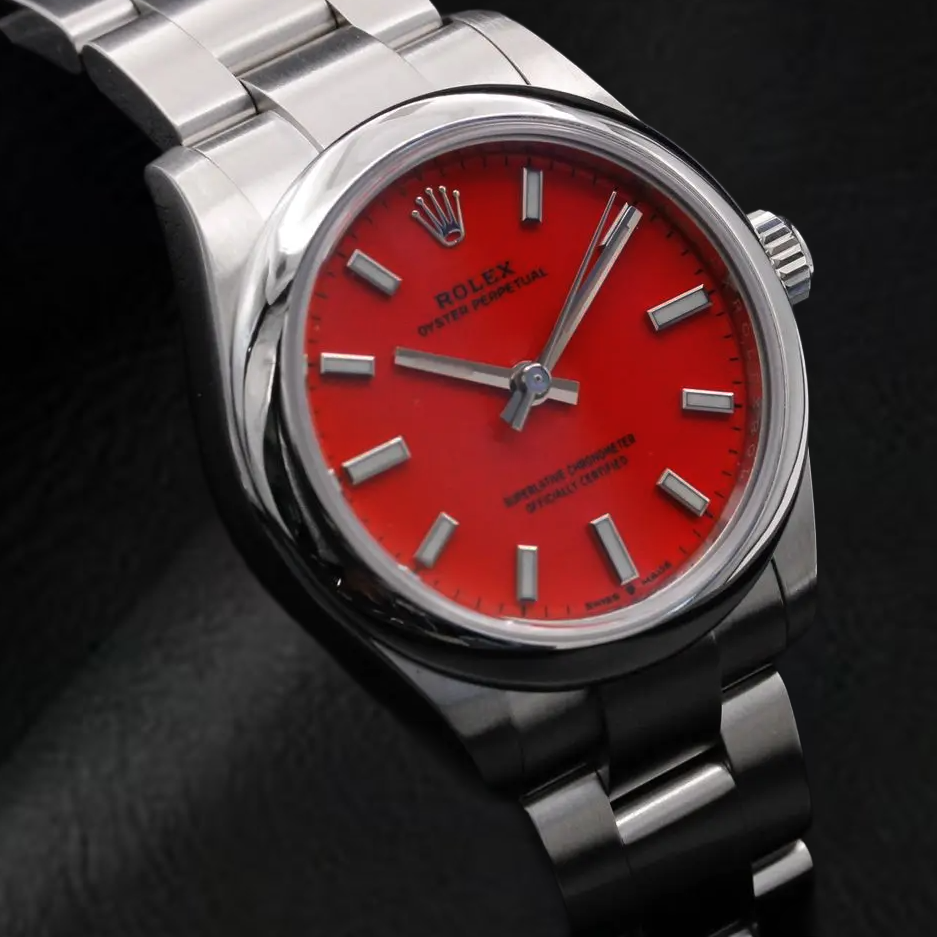 Rolex Lady Oyster Perpetual 31mm Coral Red Luminous Dial Steel Watch
