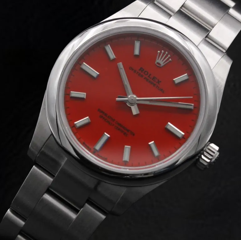 Rolex Lady Oyster Perpetual 31mm Coral Red Luminous Dial Steel Watch