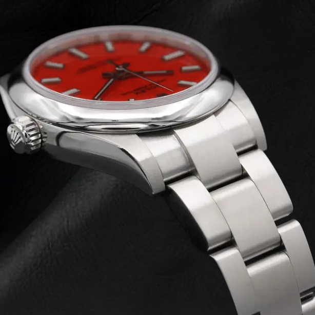 Rolex Lady Oyster Perpetual 31mm Coral Red Luminous Dial Steel Watch