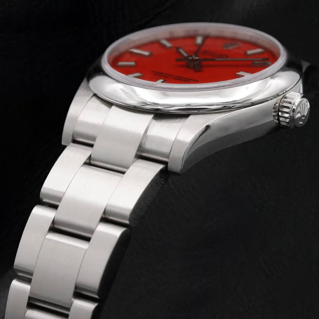 Rolex Lady Oyster Perpetual 31mm Coral Red Luminous Dial Steel Watch