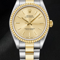Rolex Oyster Perpetual 14233 34mm Champagne Stick Dial Two Tone Watch