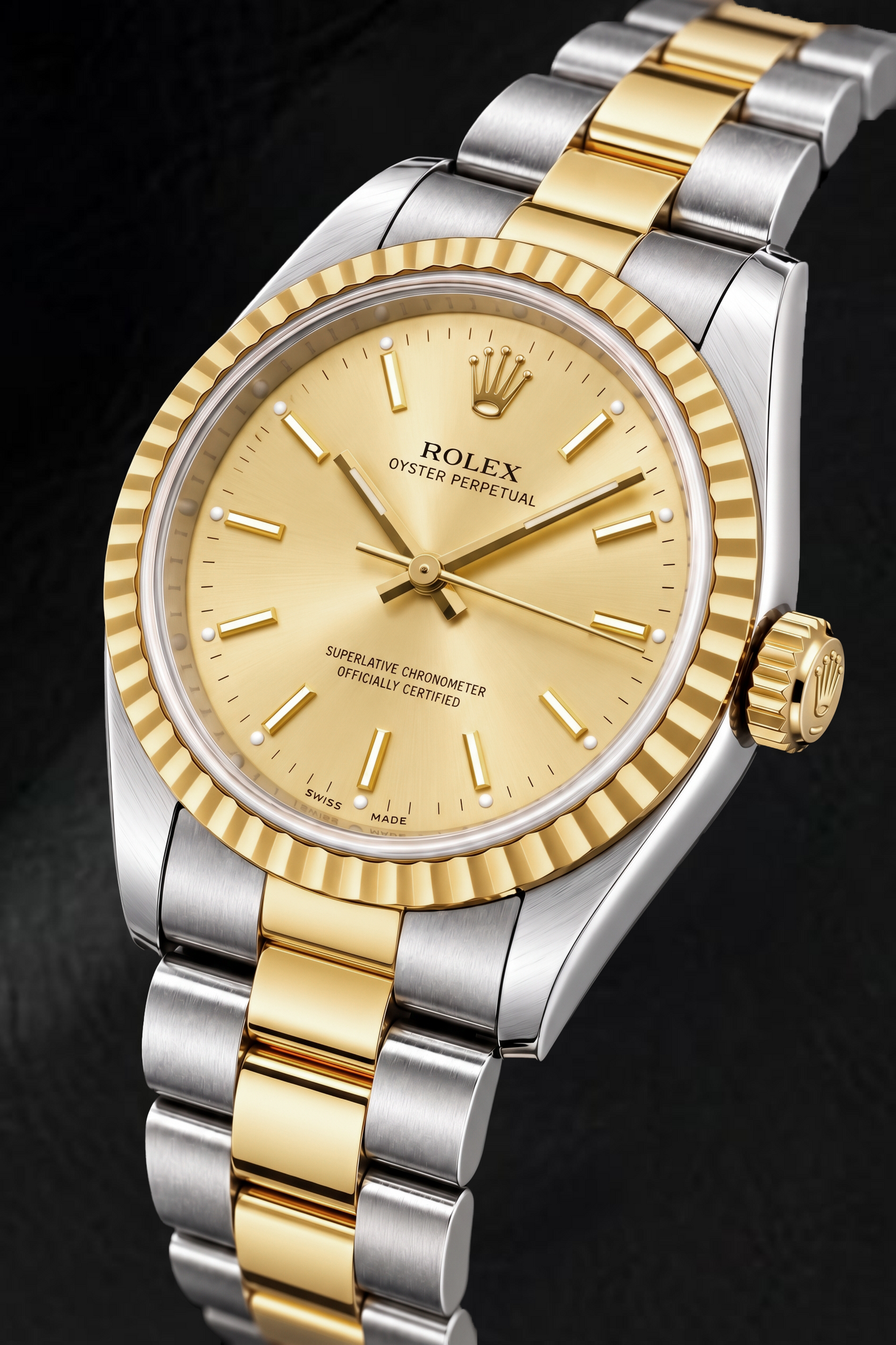 Rolex Oyster Perpetual 14233 34mm Champagne Stick Dial Two Tone Watch