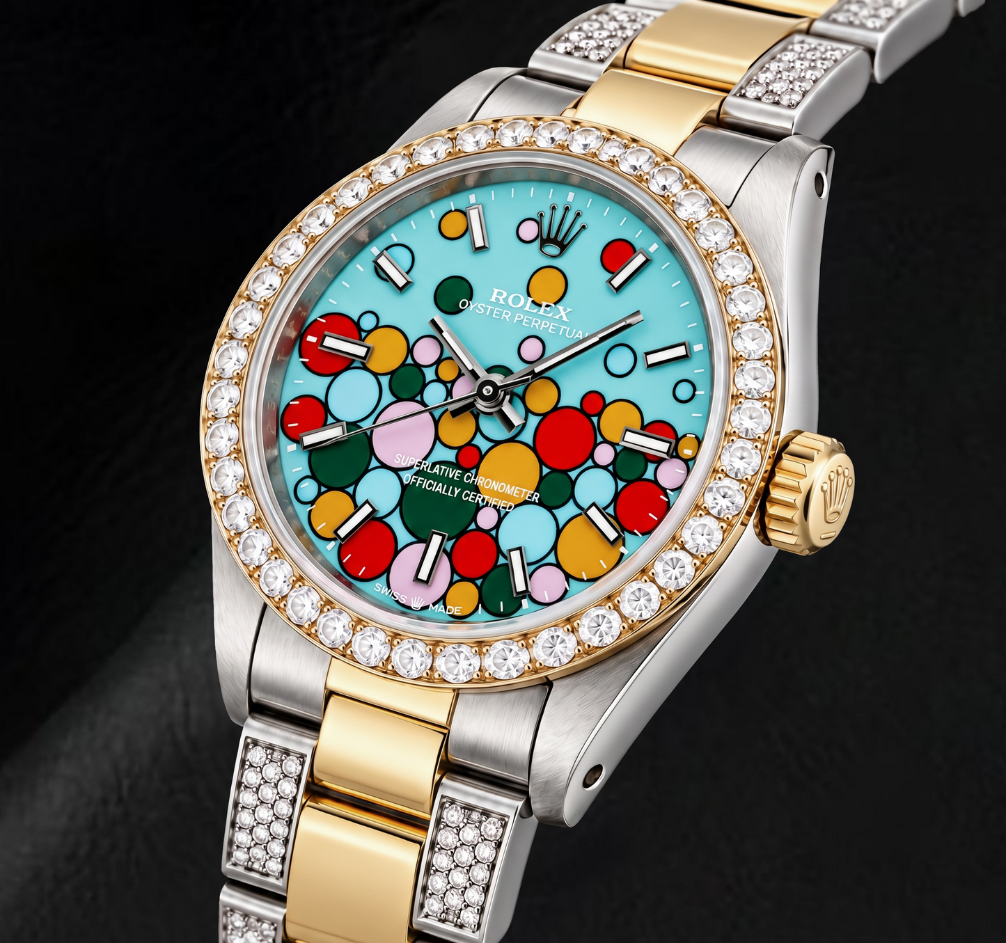 Rolex Oyster Perpetual 6748 31mm Turquoise Celebration Luminous Stick Dial Two Tone Watch