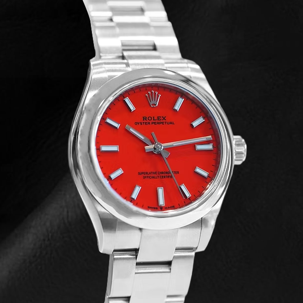 Rolex Oyster Perpetual Coral Red Luminous Dial Steel Watch