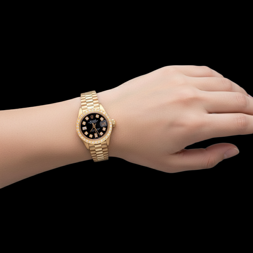 Rolex President Black Diamond Dial Bezel Women Watch Yellow Gold