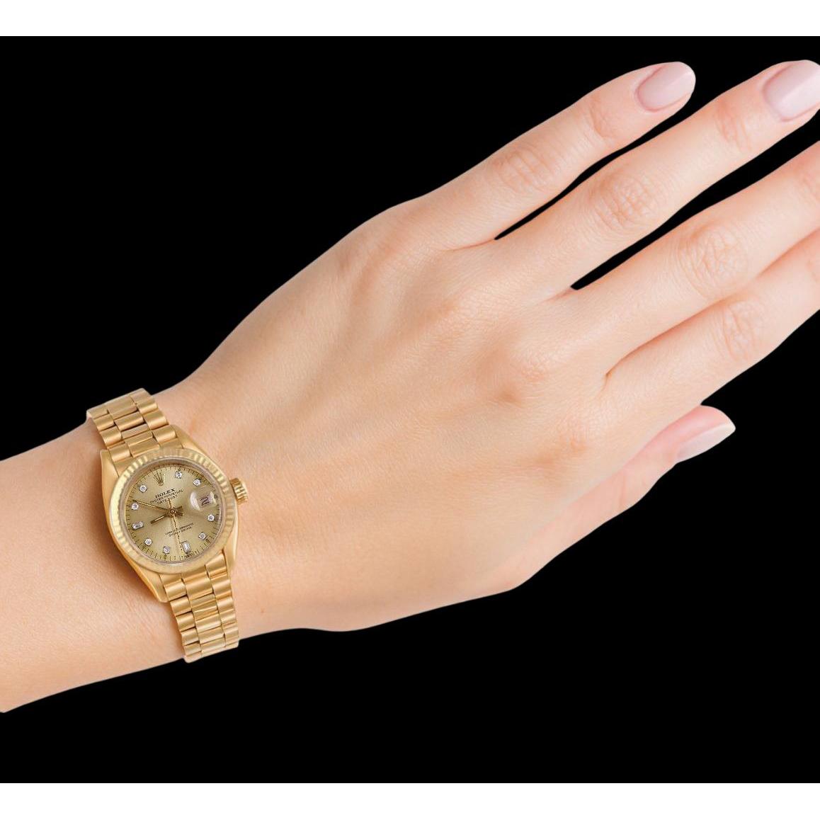 Rolex President Diamond Dial Fluted Bezel Yellow Gold Lady Watch P2