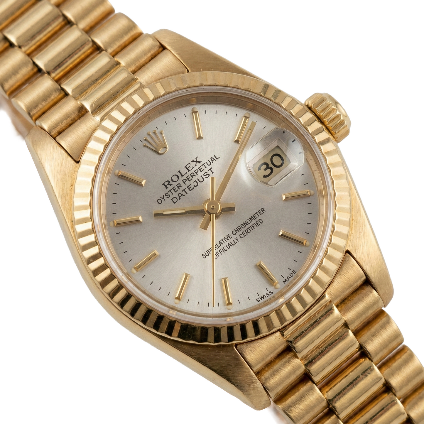Rolex President Stick Dial Fluted Bezel Yellow Gold Lady Watch
