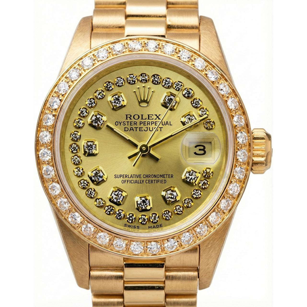 Rolex President Style Champagne String Dial Watch Yg Diamond Bezel