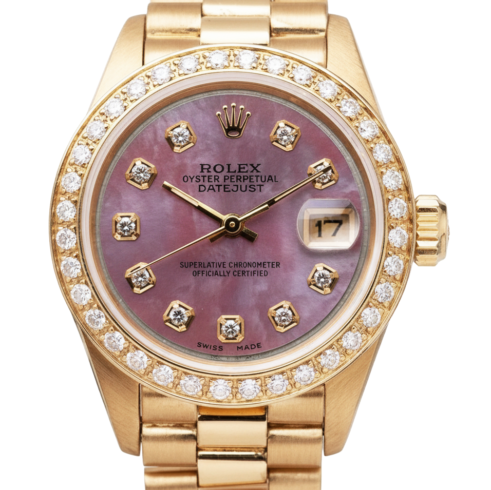 Rolex President Style Mother Of Pearl Diamond Dial Watch Gold Bezel