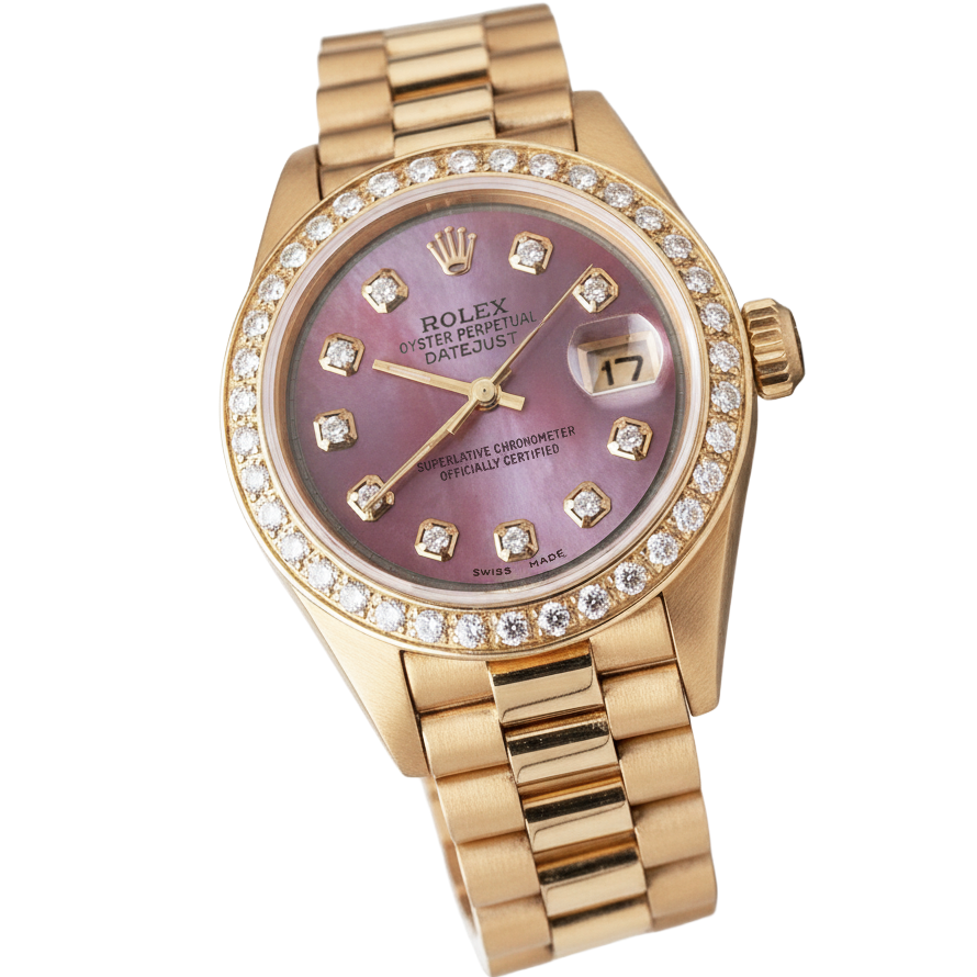 Rolex President Style Mother Of Pearl Diamond Dial Watch Gold Bezel