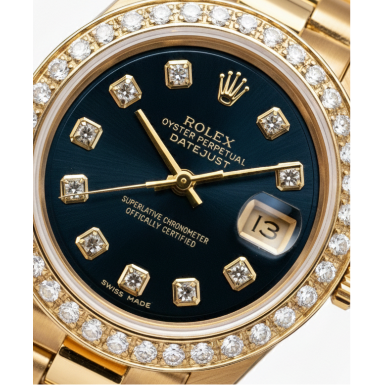 Rolex President Style Watch Blue Diamond Dial Bezel Datejust Yg