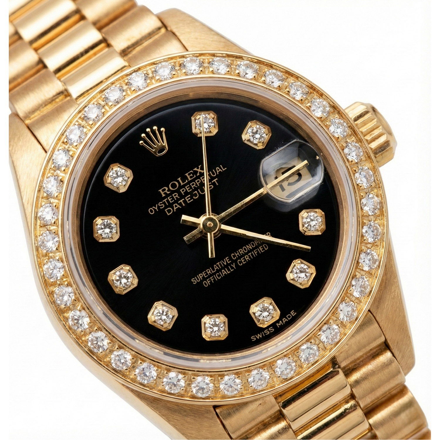Rolex Presidential Style Watch Black Diamond Dial Bezel YG Datejust