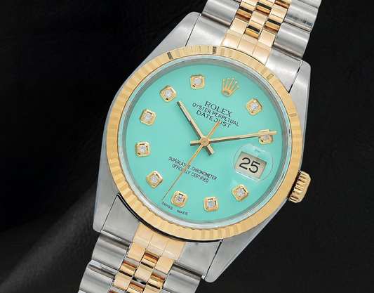 Rolex Turquoise Diamond Dial 16013 Datejust 36mm Fluted Bezel Watch Two Tone