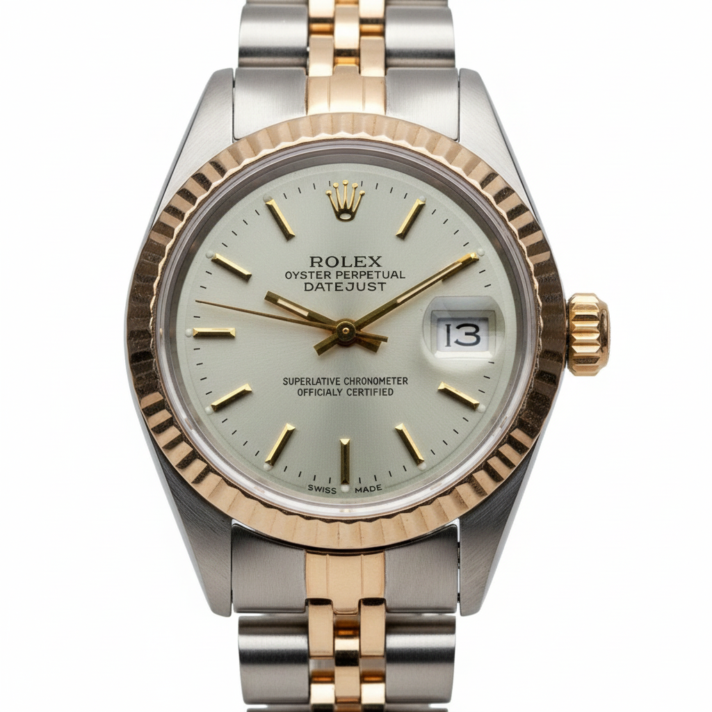 Rolex White Stick Dial Very Fine Ladies Yellow Gold Watch Jubilee