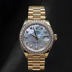 Rolex Yellow Gold Presidential 28 mm White Mother Of Pearl Diamond Dial Watch