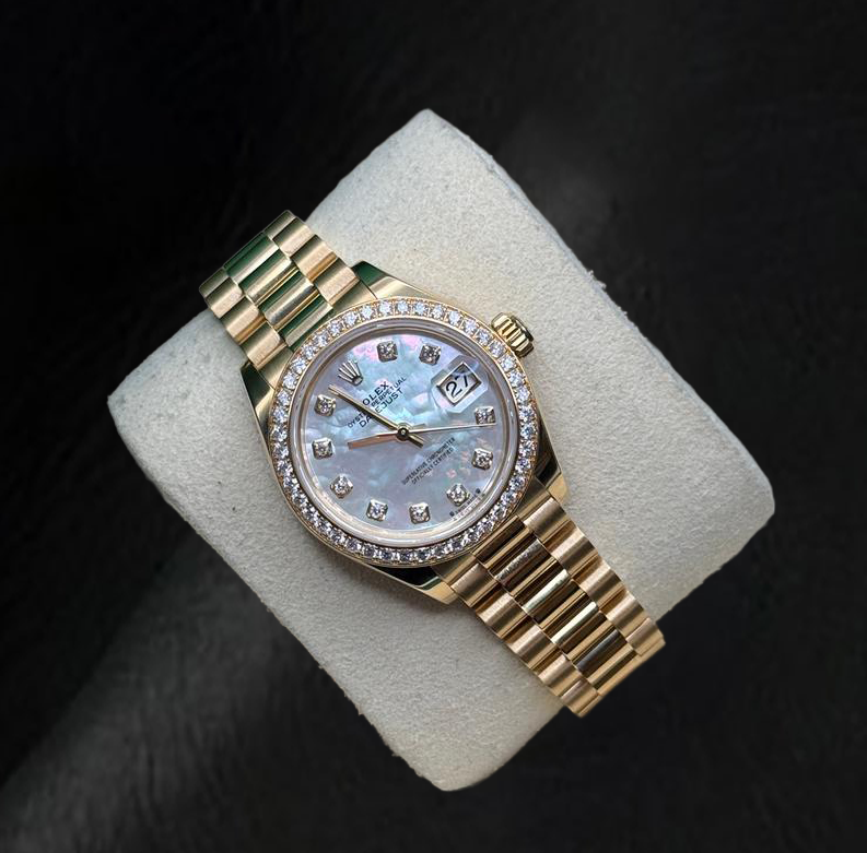 Rolex Yellow Gold Presidential 28 mm White Mother Of Pearl Diamond Dial Watch