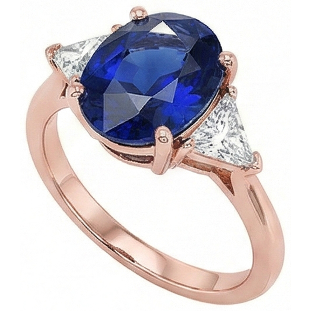 Rose Gold 3 Stone Ring Oval Blue Sapphire & Natural Earth Mined Diamond ( Not Lab Grown ) 8.25 Carats