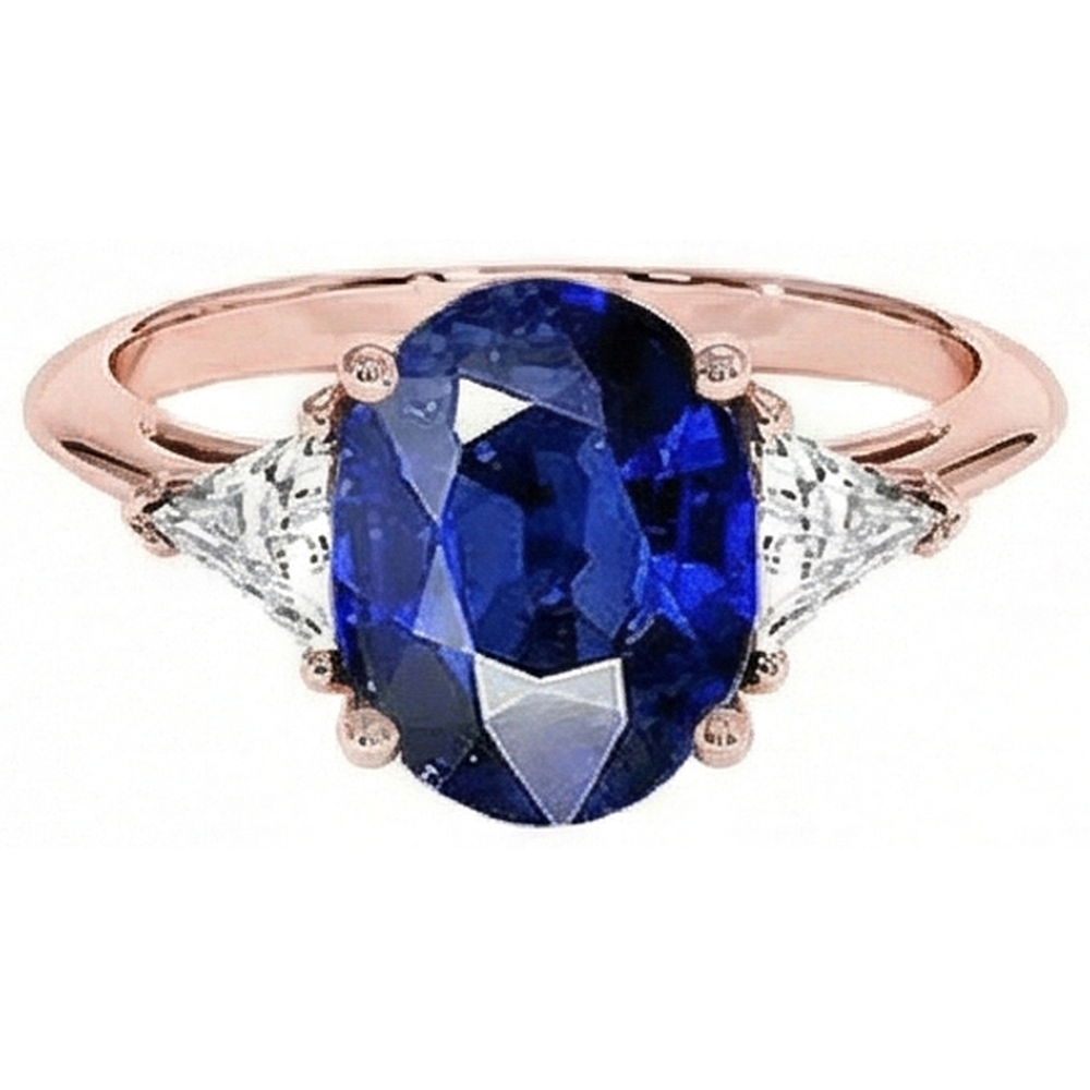 Rose Gold 3 Stone Ring Oval Blue Sapphire & Natural Earth Mined Diamond ( Not Lab Grown ) 8.25 Carats