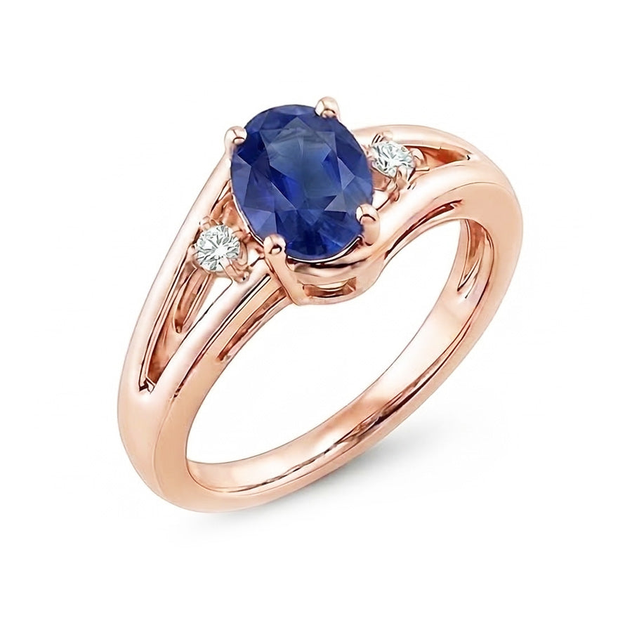 Rose Gold 3 Stone Wedding Ring 2.25 Carats Oval Blue Sapphire Jewelry