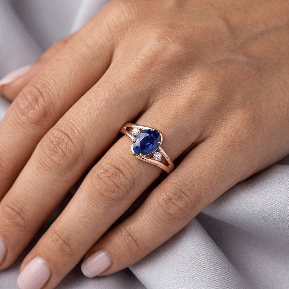 Rose Gold 3 Stone Wedding Ring 2.25 Carats Oval Blue Sapphire Jewelry