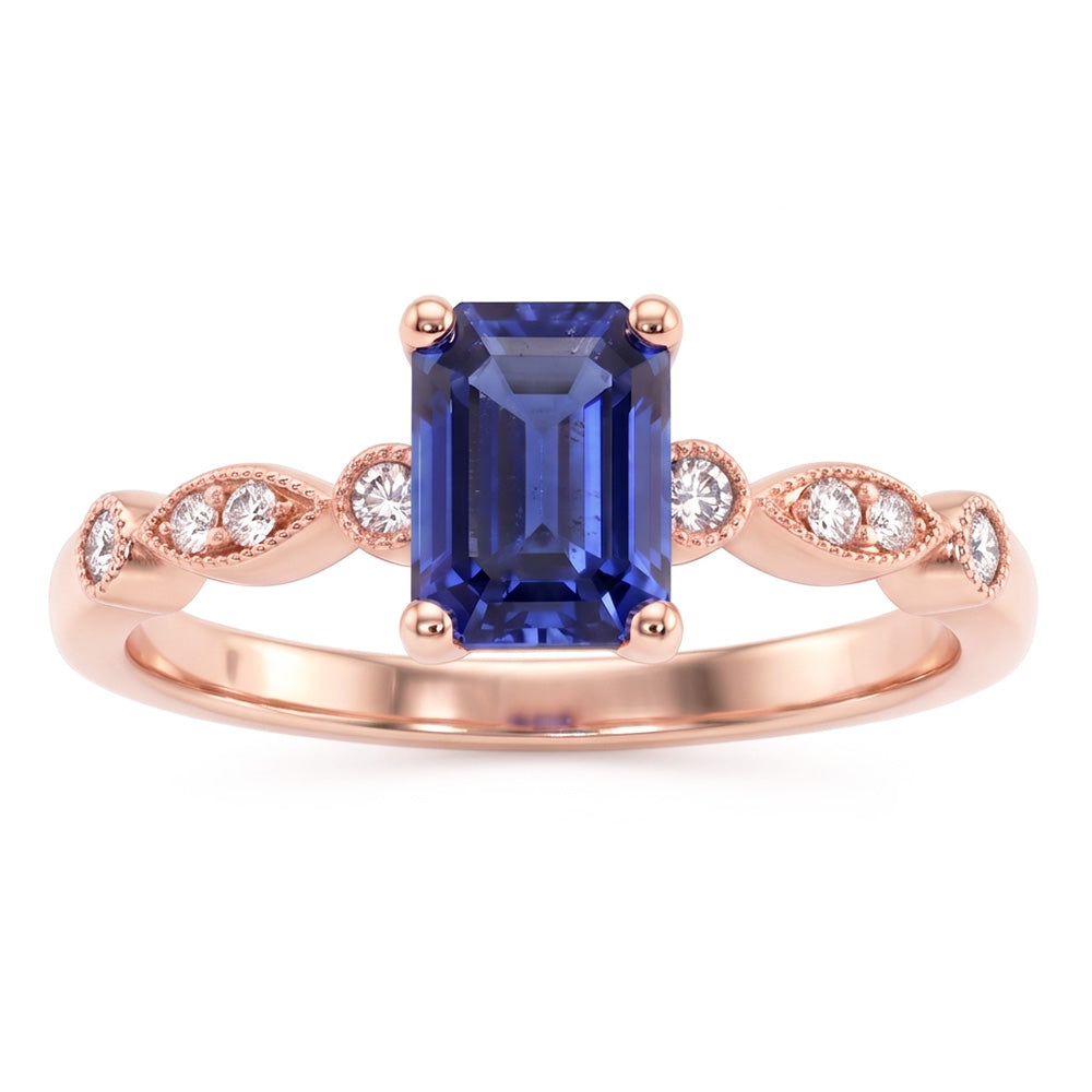Rose Gold Gemstone Ring Emerald Blue Sapphire With Accents 3.50 Carats