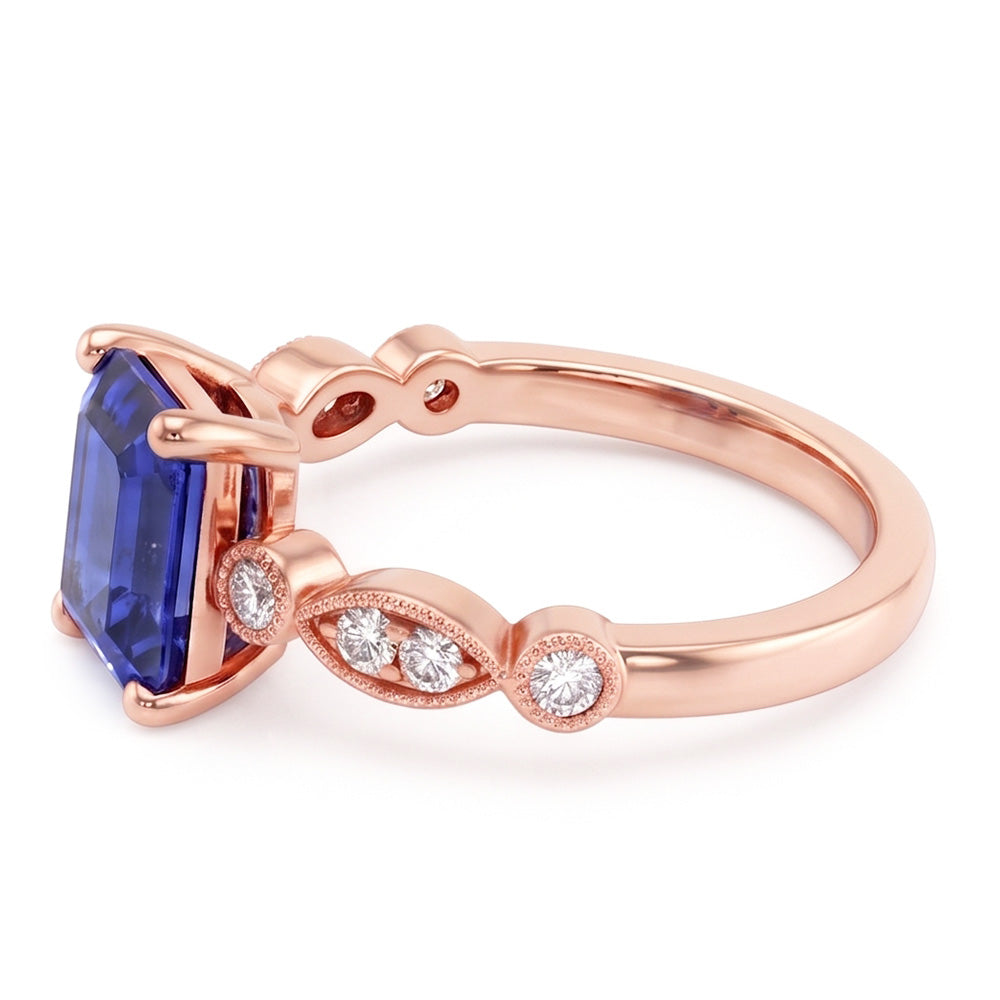 Rose Gold Gemstone Ring Emerald Blue Sapphire With Accents 3.50 Carats