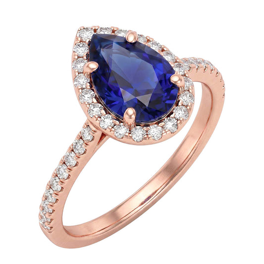 Rose Gold Halo Blue Sapphire Ring Pear Cut & Natural Earth Mined Diamond ( Not Lab Grown ) Accented 3 Carats