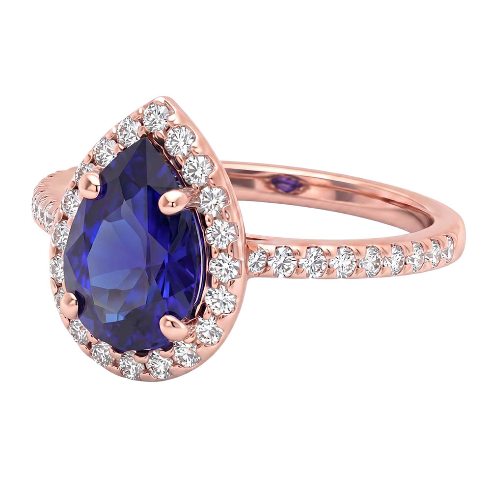 Rose Gold Halo Blue Sapphire Ring Pear Cut & Natural Earth Mined Diamond ( Not Lab Grown ) Accented 3 Carats