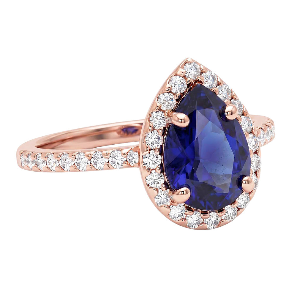 Rose Gold Halo Blue Sapphire Ring Pear Cut & Natural Earth Mined Diamond ( Not Lab Grown ) Accented 3 Carats