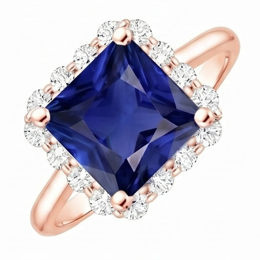 Rose Gold Halo Natural Earth Mined Diamond ( Not Lab Grown ) Engagement Ring With Ceylon Sapphire 6 Carats