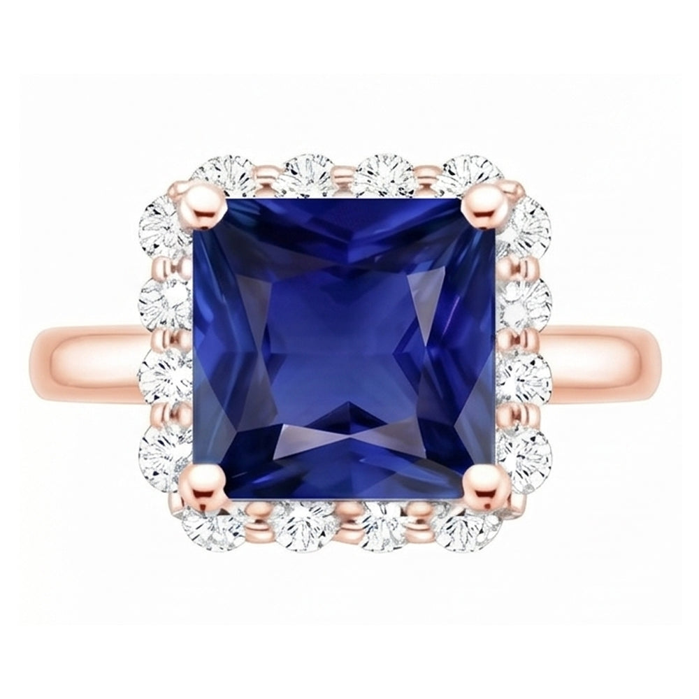 Rose Gold Halo Natural Earth Mined Diamond ( Not Lab Grown ) Engagement Ring With Ceylon Sapphire 6 Carats