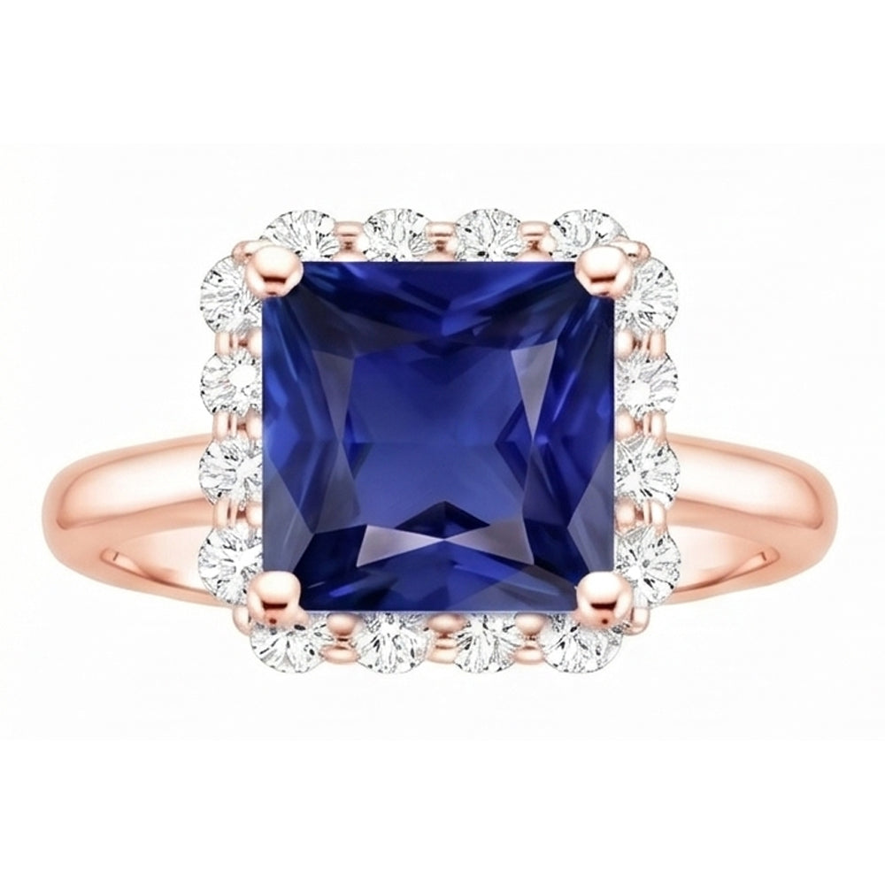 Rose Gold Halo Natural Earth Mined Diamond ( Not Lab Grown ) Engagement Ring With Ceylon Sapphire 6 Carats